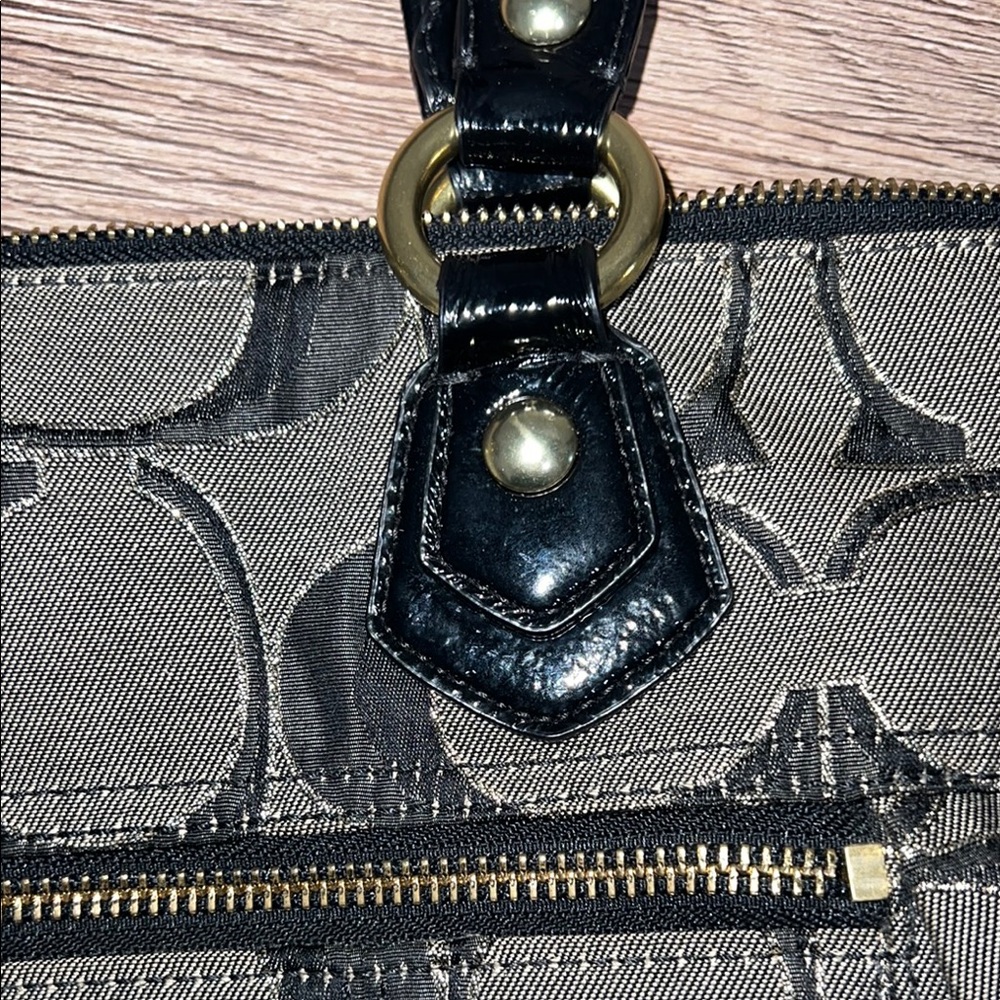 Coach Signature Poppy Canvas Tote with Black Patent Leather Trim - Picture 9 of 11